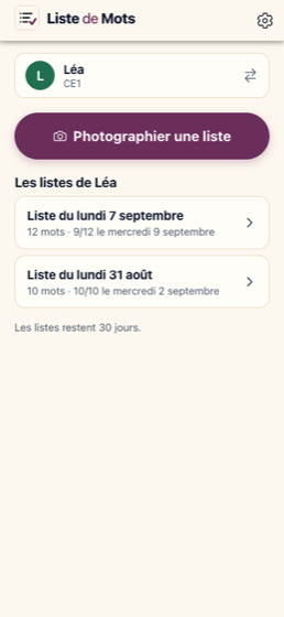 L'accueil de l'application : le bouton Photographier une liste et les listes de Léa
