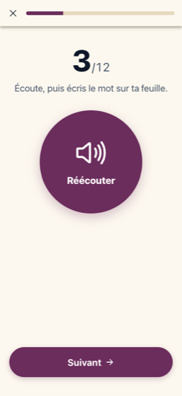 L'écran d'écoute, avec le compteur et le bouton Réécouter