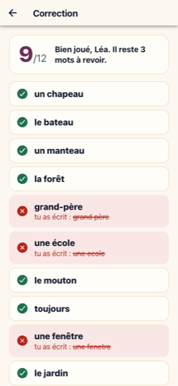 La correction, mot par mot, avec l'orthographe attendue en face des mots ratés