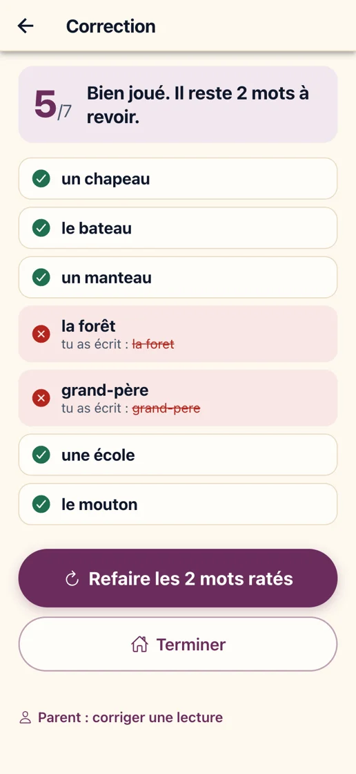 La correction, mot par mot, avec l'orthographe attendue en face des mots ratés